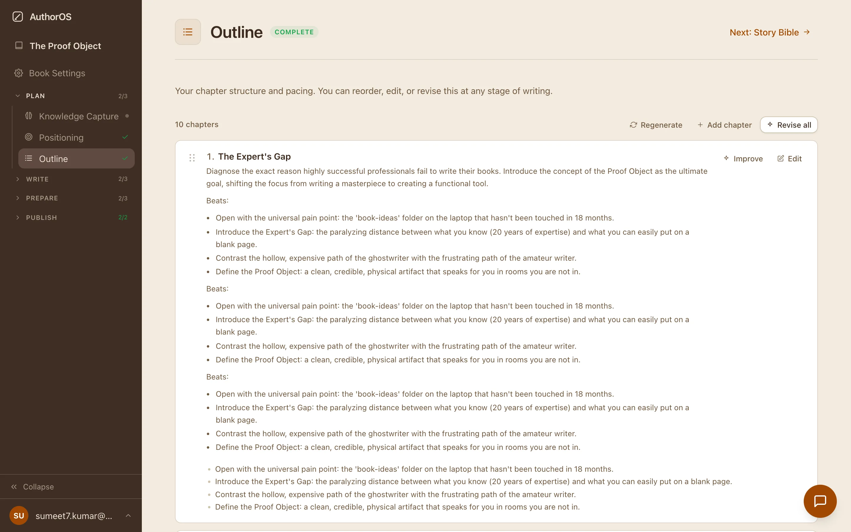 Chapter-by-chapter outline in AuthorOS